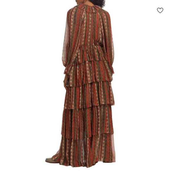 DÔEN Marlanna Silk Chiffon Boho Maxi Dress, Brown/Orange, Size XS, NWT - Picture 2 of 15